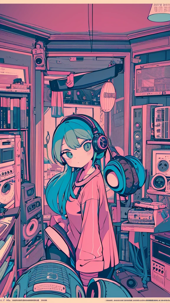Best quality, (masterpiece), best detail face,1 girl, big breasts, 18 yo, 8k,absurdres,unity 8k wall paper,(extremely detailed:1.3), highest realistic, (retro headphones:), (psychedelic), Her room full of music equipment and records, sports wear , See the whole room, She is at the end of the room, natural color palette
