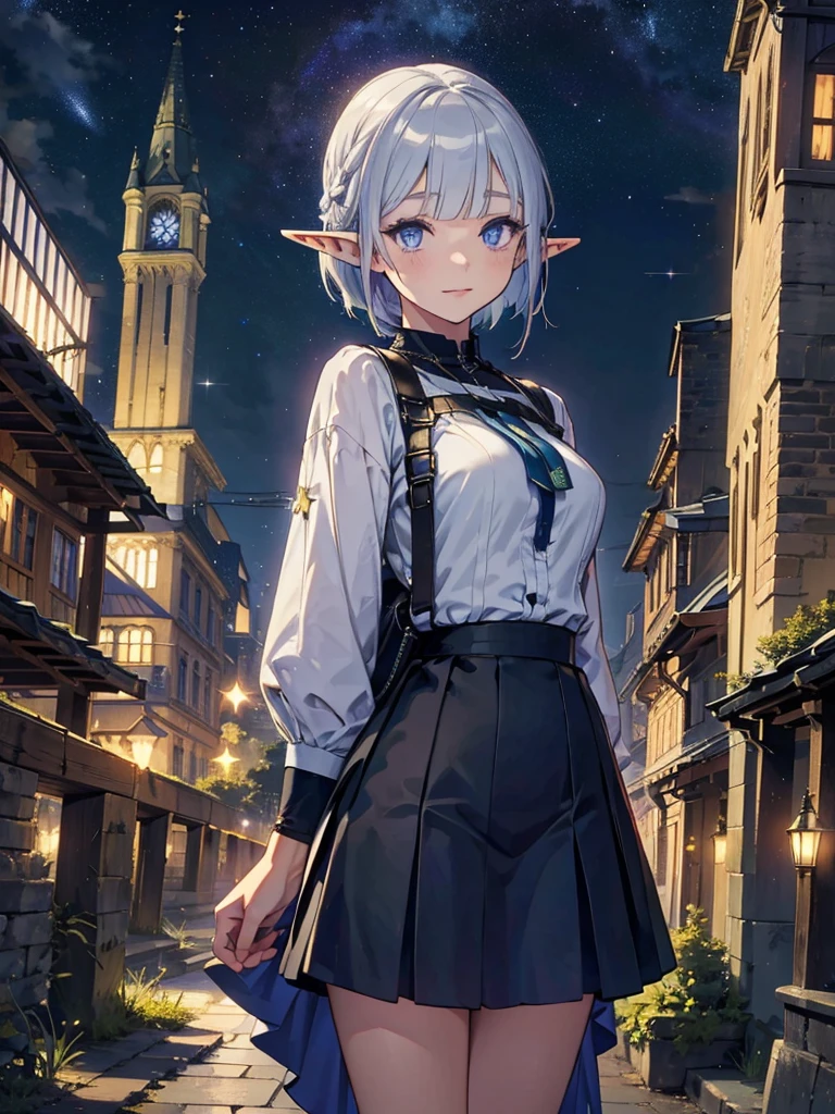 The cathedral is in the background、Medieval cityscape at night,　Stars Shining、Wide Road、Pointed Ears、Elf、blue eyes、Green casual clothing、Long eyelashes、Silver braided short hair