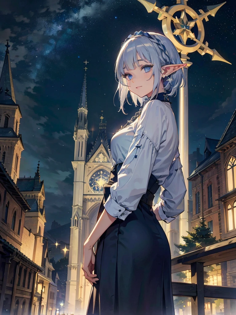 The cathedral is in the background、Medieval cityscape at night,　Stars Shining、Wide Road、Pointed Ears、Elf、blue eyes、Green casual clothing、Long eyelashes、Silver braided short hair