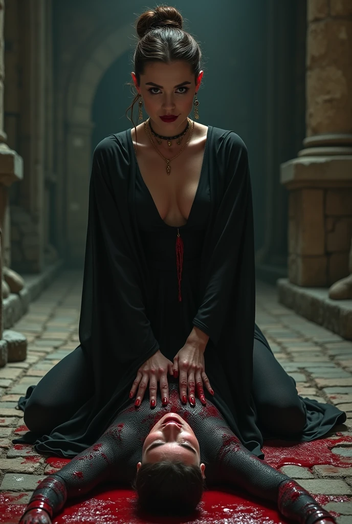 cinematic photo (cinematic photo epic fantasy:1.22), bloodred sky, (red moonlight is lightning the dark frightening scene),, inside of an ancient old stone crypt with window, torches on the walls, dark 60s horror movie style, side view from above,
detailed eyes, pale skin, beautiful female vampire in ancient robe, lying in an open stone coffin, ((showing bloody <lora:ak47:1> fang, vampire ):1.8), smiling semi open mouth, big breasted, blood staints running down her chin, . 35mm photograph, film, bokeh, professional, 4k, highly detailed