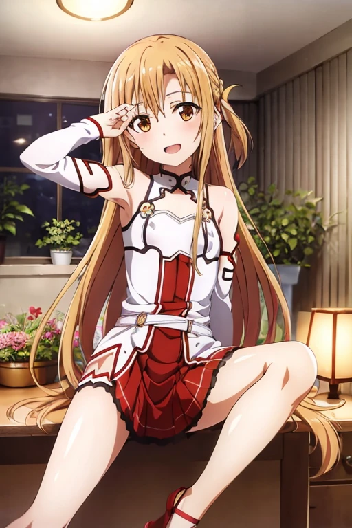 ((Highest quality)), ((masterpiece)), (be familiar with), Perfect Face, indoor, Bedroom, Watching the audience,
One woman, Yuuki Asuna,
Open Mouth, Ecstatic expression, blush, smile,
Small breasts, Flat Chest, , , child, Girl,
Long Hair, Long Hair,
Leg spread,