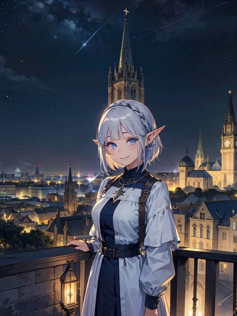 The cathedral is in the background、Medieval cityscape at night,　Stars Shining、Wide Road、Pointed Ears、Elf、blue eyes、Green casual clothing、Long eyelashes、Silver braided short hair、Turn around with a smile、Overlooking the city