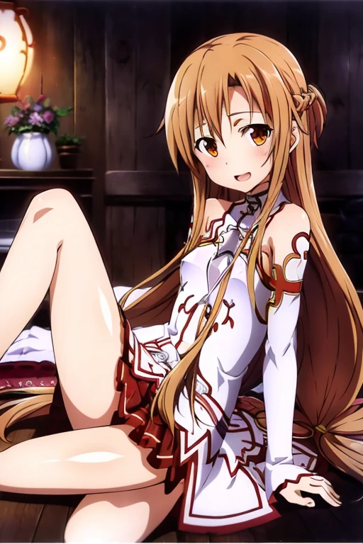 ((Highest quality)), ((masterpiece)), (be familiar with), Perfect Face, indoor, Bedroom, Watching the audience,
One woman, Yuuki Asuna,
Open Mouth, Ecstatic expression, blush, smile,
Small breasts, Flat Chest, , , child, Girl,
Long Hair, Long Hair,
Leg spread,