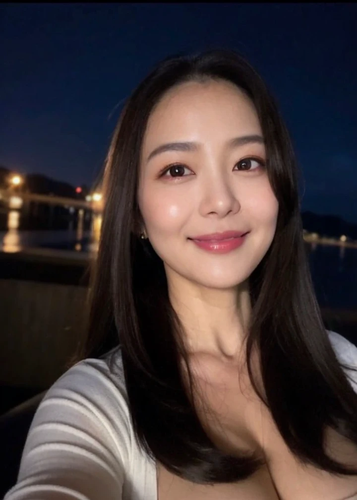 　　　　　　　Straight black hair, White top, Smooth Skin, Minimal accessories, Relaxed pose, indoor, Night landscape with light reflecting on the water in the background, Soft light from the bottom right, Calm and relaxed atmosphere, Close-up view, Medium depth of field, Well-balanced exposure. 30-year-old Japanese woman、dark, (Very big smile)、Firm and moisturized skin、No makeup、Straight hair that flows smoothly over the shoulders, dark背景に、Soft lighting from one side. The atmosphere is calm and quiet, Photographed from the front, Close-up shots and balanced exposure.