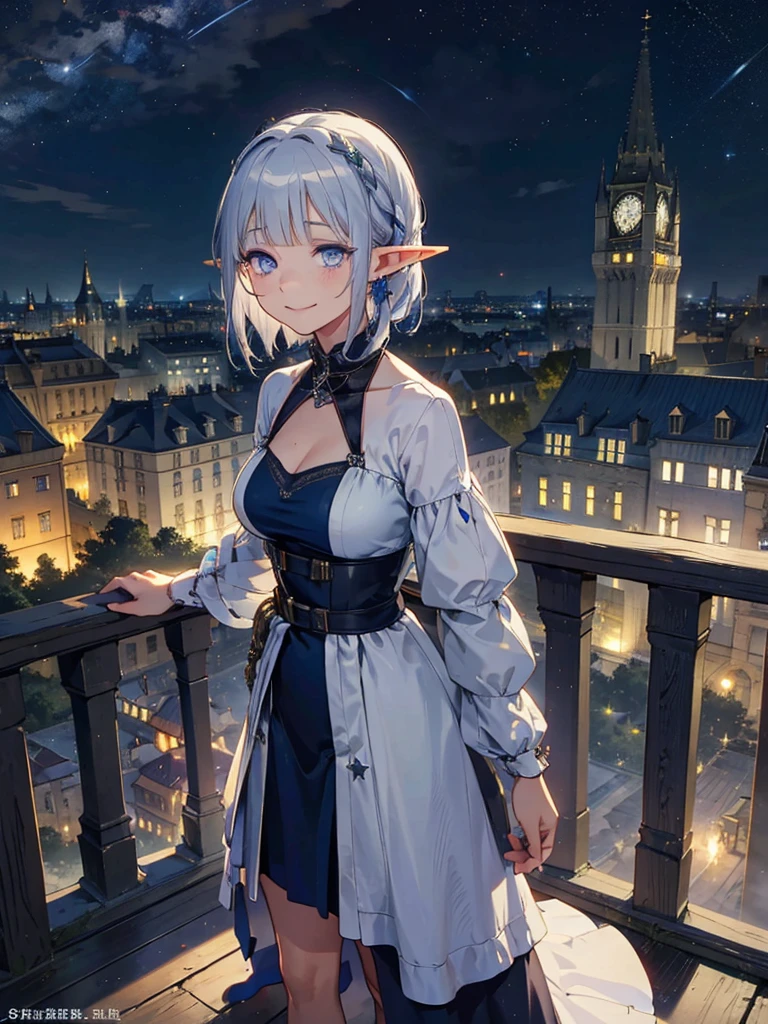 The cathedral is in the background、Medieval cityscape at night,　Stars Shining、Wide Road、Pointed Ears、Elf、blue eyes、Green Dress、Long eyelashes、Silver braided short hair。Turn around with a smile、Overlooking the city from the terrace