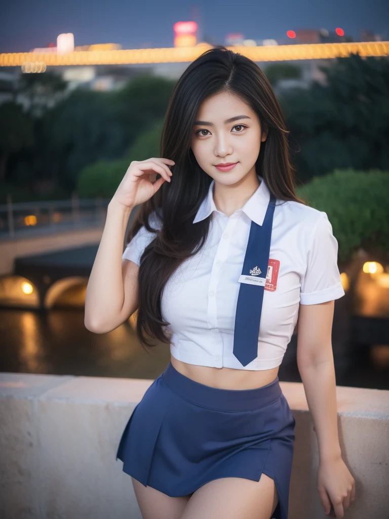 1girl, 1 girl, (uniform), standing, outdoors, night view, detailed Metropolitan city at the background, (Overhead view:1.35), (zoom out: 1.1), detailed face, cute little smile, detailed eyes, medium thick breasts, six pack abs, smooth realistic skin, semi-curvy body, white shirt, blue grey hot short skirt, looking at the audience, (8k, RAW photo, best quality, masterpiece: 1.3), (realistic, realistic: 1.37), ultra-high resolution