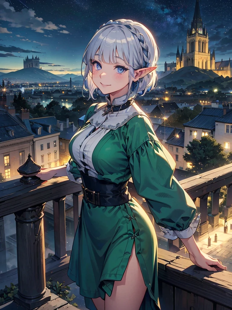 I can see a big mountain in the distance、The cathedral is in the background、Medieval cityscape at night,　Stars Shining、Wide Road、Pointed Ears、Elf、blue eyes、Green Dress、Long eyelashes、Silver braided short hair。Turn around with a smile、Overlooking the city from the terrace