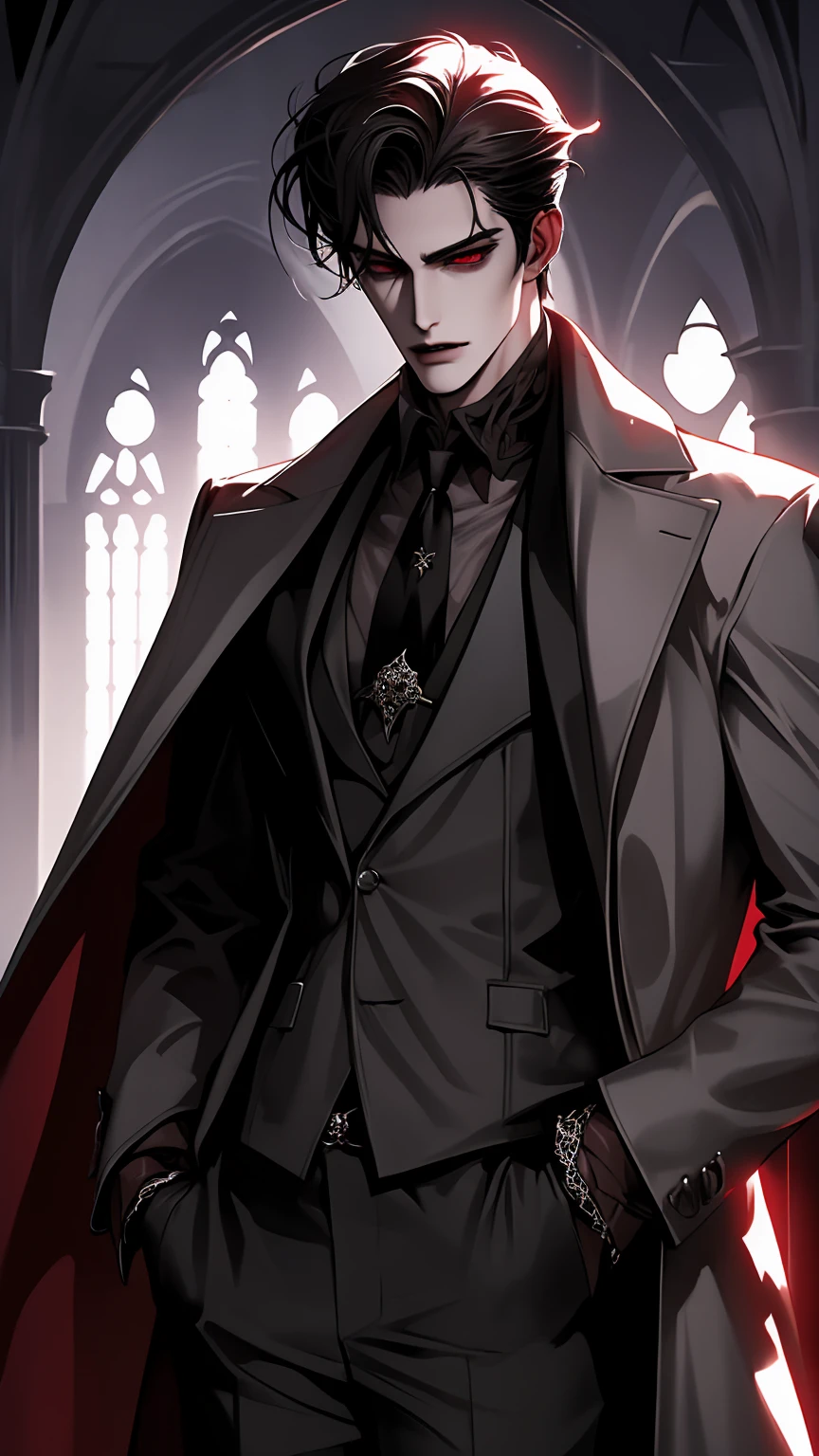 A tall and handsome vampire in a long coat, his eyes glowing faintly red as he stands in the shadows of a gothic mansion, handsome man manhwa style, book cover style, romantic, wattpad