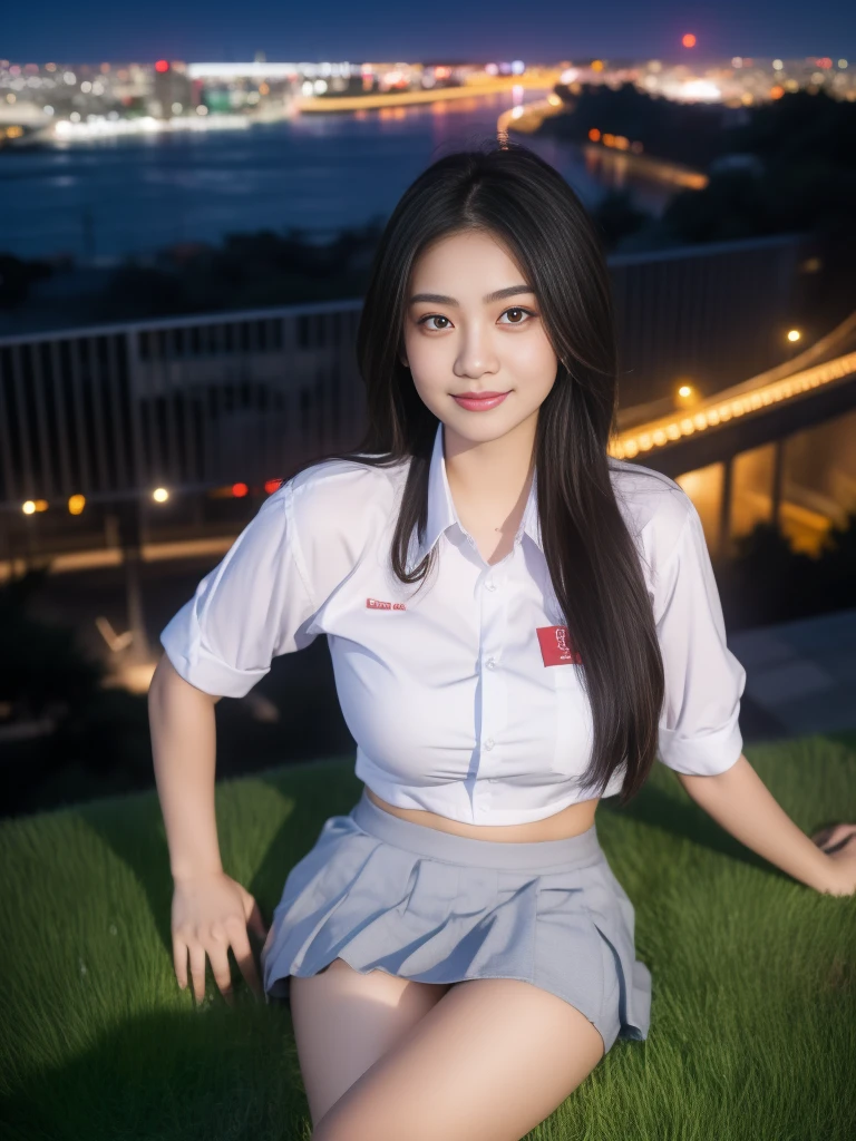 1girl, 1 girl, (Indonesian_high_school_uniform), standing, outdoors, night view, detailed Metropolitan city at the background, (Overhead view:1.35), (zoom out: 1.1), detailed face, cute little smile, detailed eyes, thick breasts, six pack abs, smooth realistic skin, semi-curvy body, white shirt, blue grey hot short skirt, looking at the audience, (8k, RAW photo, best quality, masterpiece: 1.3), (realistic, realistic: 1.37), ultra-high resolution