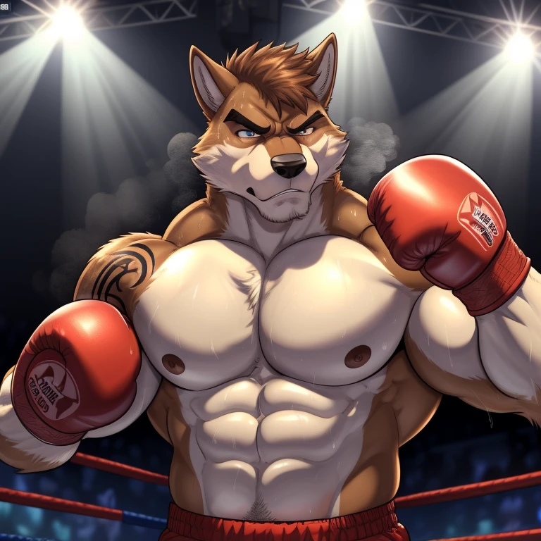 Lora:baloo, full height. 4k, high resolution, best quality, posted on e621, solo, anthro body, male bear, adult, masculine, (thick, strong pectorals, defined muscles, muscular shoulders), correct anatomy, (kickboxing ring background, Kickboxing Martial arts tournament background), (blurry background, out-of-focus background:1.2), (by wfa:1.0), (by takemoto arashi:1.0), (by Taran Fiddler:0.5), sexy, (cel shaded, cartoony shading:1.2), black lineart, black outline, flat coloring, (strong shadows, dark shadows:1.2), (pink shorts, topless, kickboxing MMA gloves), sexy shadows, lion tail, slim posture, open mouth, open:1 eyes, detailed eyes, tilted head, exhausted, wet sweat:1.2, (bruised:1.6, shiner:1.2), punching and kicking