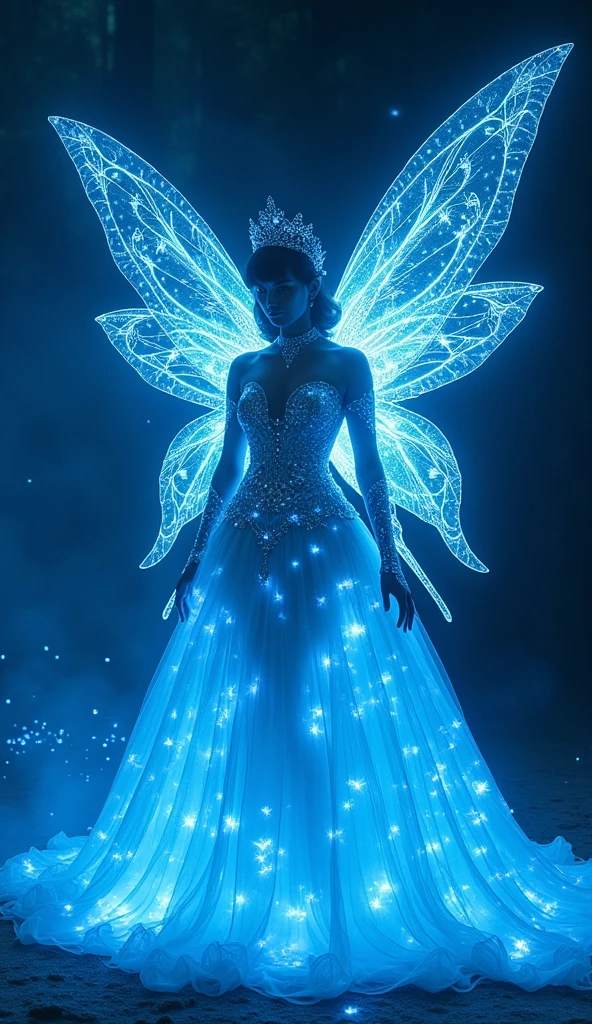 The image depicts a person in a stunning, glowing blue dress adorned with numerous lights, giving it a magical, ethereal appearance. The individual is also wearing a crown and has large, intricate wings that also emit a blue glow. The entire scene is filled with floating blue lights, enhancing the enchanting, otherworldly atmosphere. The dress and wings together create a fairy-like or angelic visual effect.