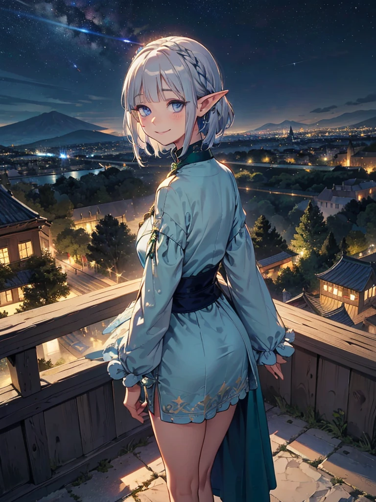 I see a huge mountain in the distance、Medieval street at night with cathedral,　Stars Shining、Wide Road、Pointed Ears、Elf、blue eyes、Green Dress、Long eyelashes、Silver braided short hair。Turn around with a smile、Overlooking the city from the terrace