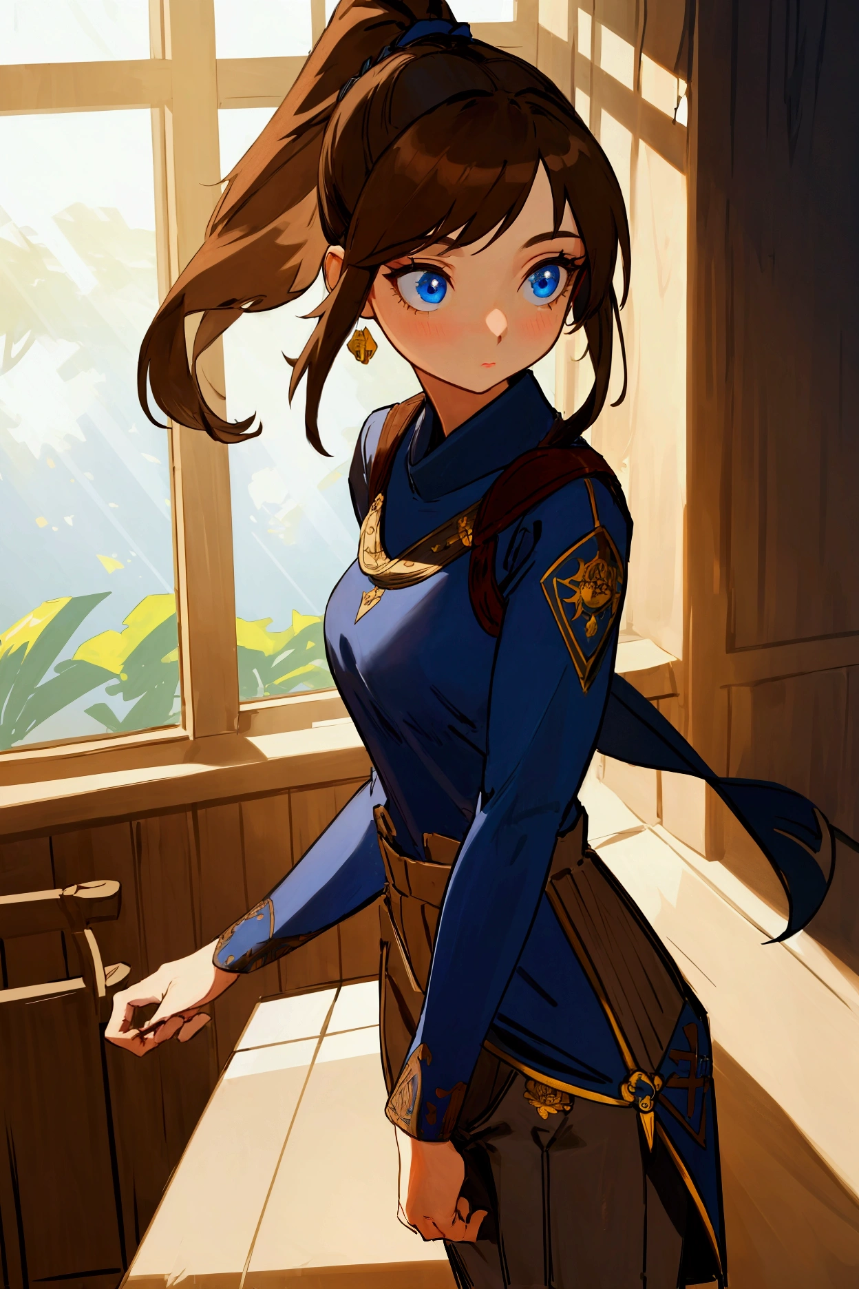 (masterpiece, best quality, absurdres, very detailed eyes), closeup, 1girl, solo, solofocus, blue eyes, dark brown hair, ponytail, fitted navy blue tunic with silver stitching, brown trousers, wood walls, wood, beer, sunlight, sunrays