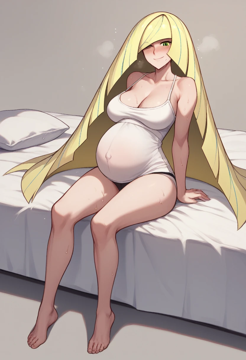 Larger breasts、Cleavage、blush、Sweat、In the heat、pokemonlusamine, blonde hair, green eyes, hair over one eye, long hair, multicolored hair, streaked hair, very long hair,、(The whole body is visible)、(white camisole dress)、Troubled face、Closed eyes、Are standing、Pregnant women:0.5、Sit on the bed、
{Highest quality}, {so beautiful}, {Very detailed}, {Best illustrations}, smile, open legs, open legs, full body, showing underwear. 