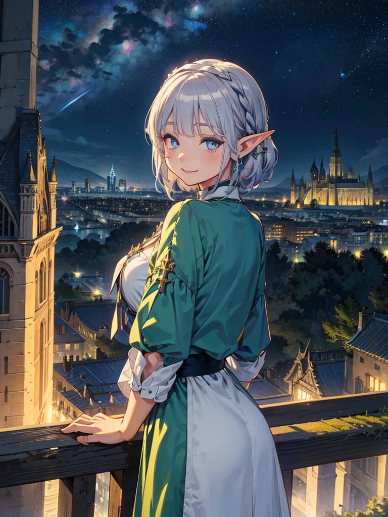 I can see a big mountain in the distance、The cathedral is in the background、Medieval cityscape at night,　Stars Shining、Wide Road、Pointed Ears、Elf、blue eyes、Green Dress、Long eyelashes、Silver braided short hair。Turn around with a smile、Overlooking the city from the terrace