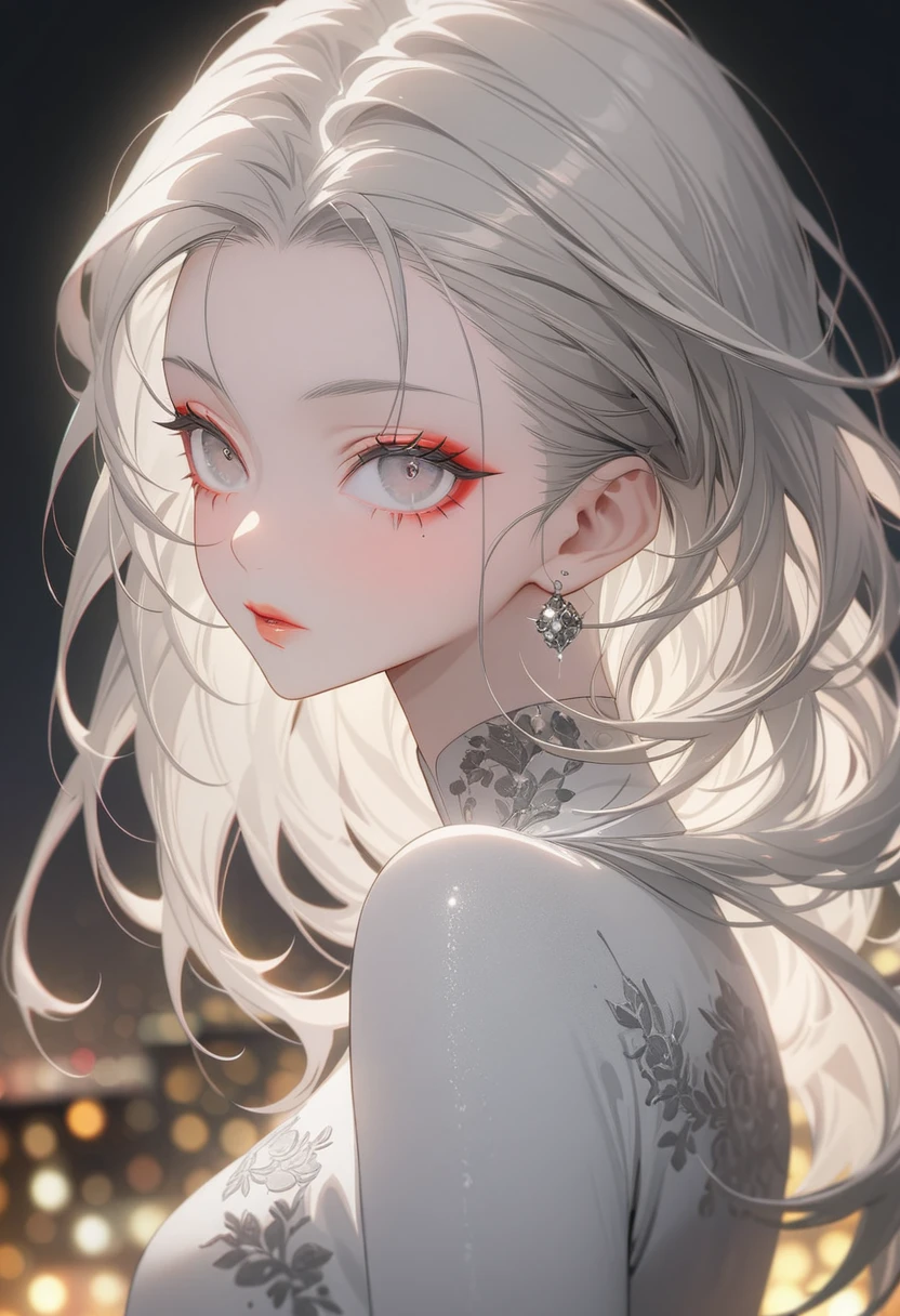 The background is skyscrapers at night，(Highest quality,Very detailed,High resolution:1.2),Slim albino girl，Gray-haired berry shorthair,gray bangs，very_Long eyelashes, Detailed lips, Cool look, Soft Skin, Shiny Hair,Exquisite makeup,Photographed from the front