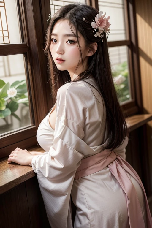 highest quality ,masterpiece,Ultra-high resolution, so beautiful, cute, (Photorealistic:1.4), 1 Girl, Japanese, Black Hair、Long Curly Hair、Cinematic, 35mm lens, f/ 1. 8, Accent lighting, 8K, Ample breasts, V-neck, Pink kimono, Bedroom、Dark Room、Lying down