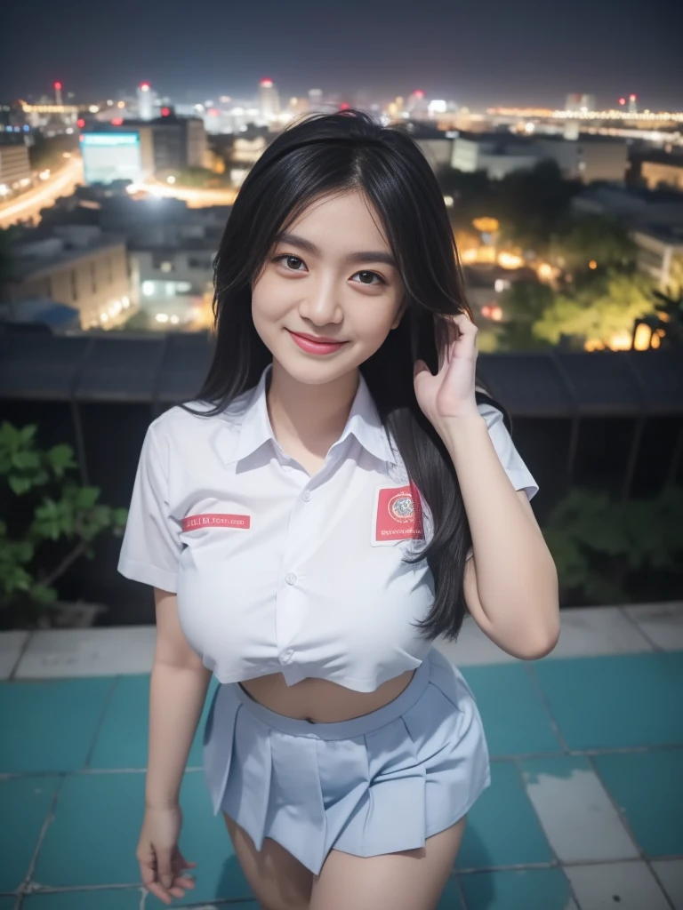 1girl, 1 girl, (Indonesian_high_school_uniform), standing, outdoors, night view, detailed Metropolitan city at the background, (Overhead view:1.35), (zoom out: 1.1), detailed face, cute little smile, detailed eyes, thick breasts, six pack abs, smooth realistic skin, semi-curvy body, white shirt, blue grey hot short skirt, looking at the audience, (8k, RAW photo, best quality, masterpiece: 1.3), (realistic, realistic: 1.37), ultra-high resolution