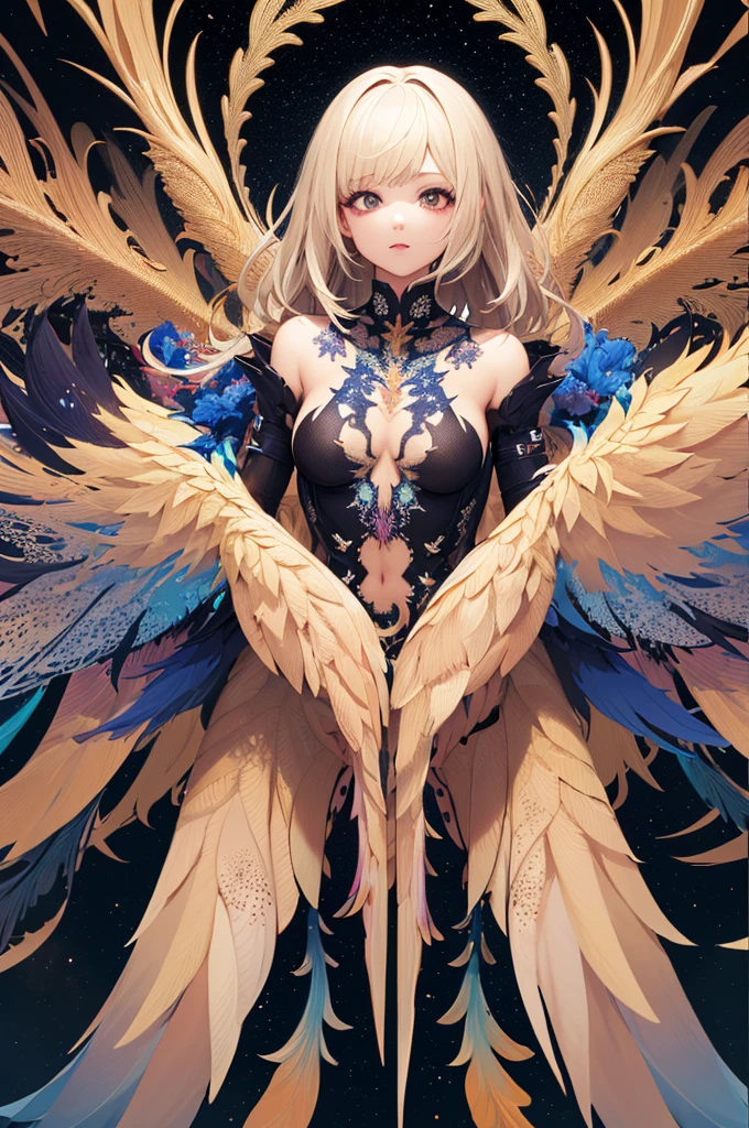 masterpiece, absurdres, best quality, ultra detailed, high Resolution, detailed illustration, bright colour, (extremely beautiful detailed face and eyes, Delicate beautiful face, 1 girl, cute face:1.3), (magenta eyes:1.1), sparkling eyes, big eyes, big breasts, (perky breasts:1.1), (pointy breasts:1.1), medium hips, glamorous body, white skin, BREAK, (blonde hair:0.8), messy hair, detailed hair, shiny hair, BREAK (undressed, angel, Angel Wings:1.5), perfect lighting, (embarrassed:1.3), (ecstasy, vulgarity:1.5), (trembling:0.8), (art nouveau:1.5), (Zentangle:1.3),