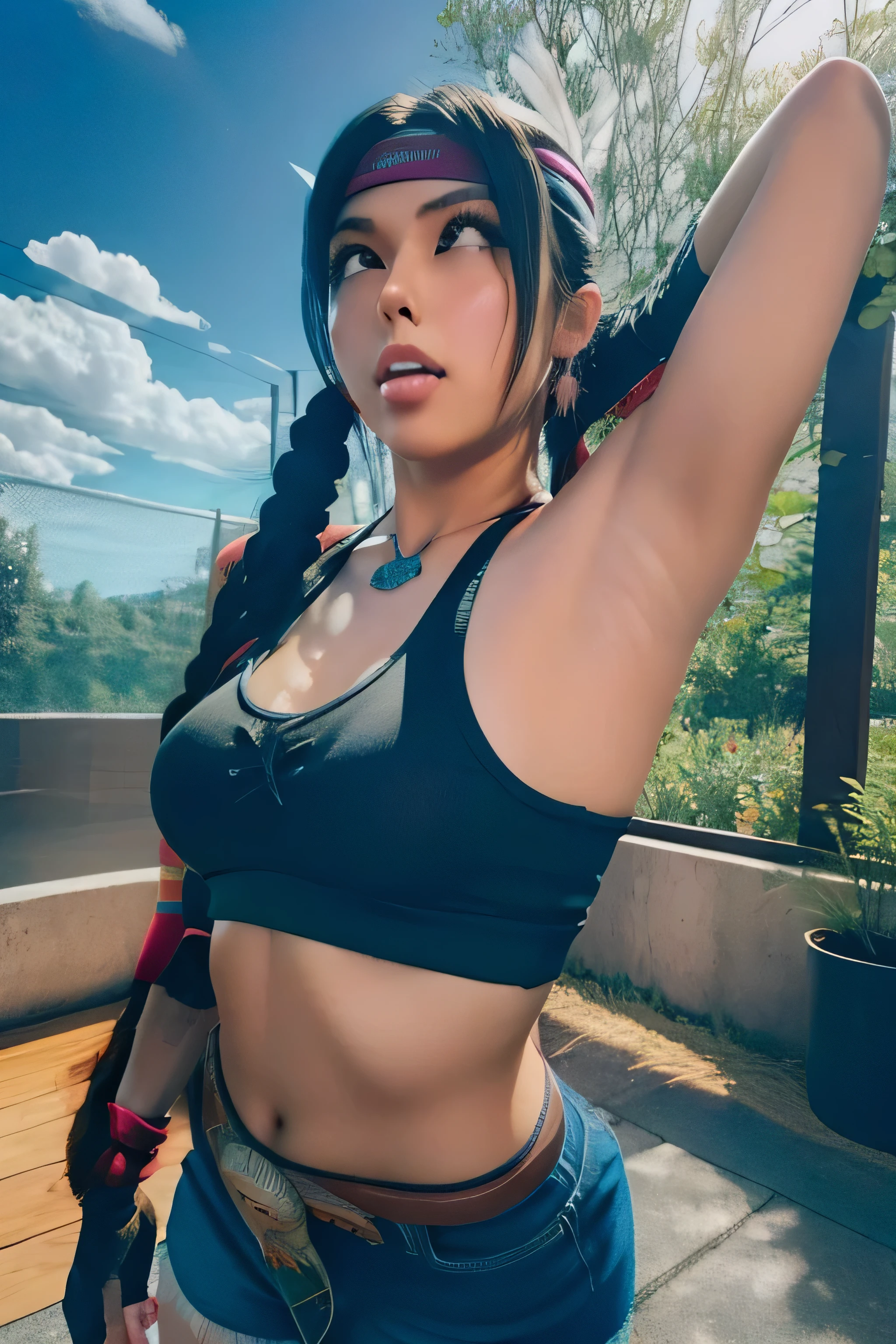 1 girl, standing, beautiful Julia Chang,1, Cups, Black thighs, arm warmers, , shorts, brown hair, big chest, big ass, medium breasts,capture anime screen, 1, mature appearance,armpits,sweat,sweaty,sweaty armpits,arms up,showing armpits,awesome armpits,purple black outfit, red arm warmers, red arm bands, red arm warmers