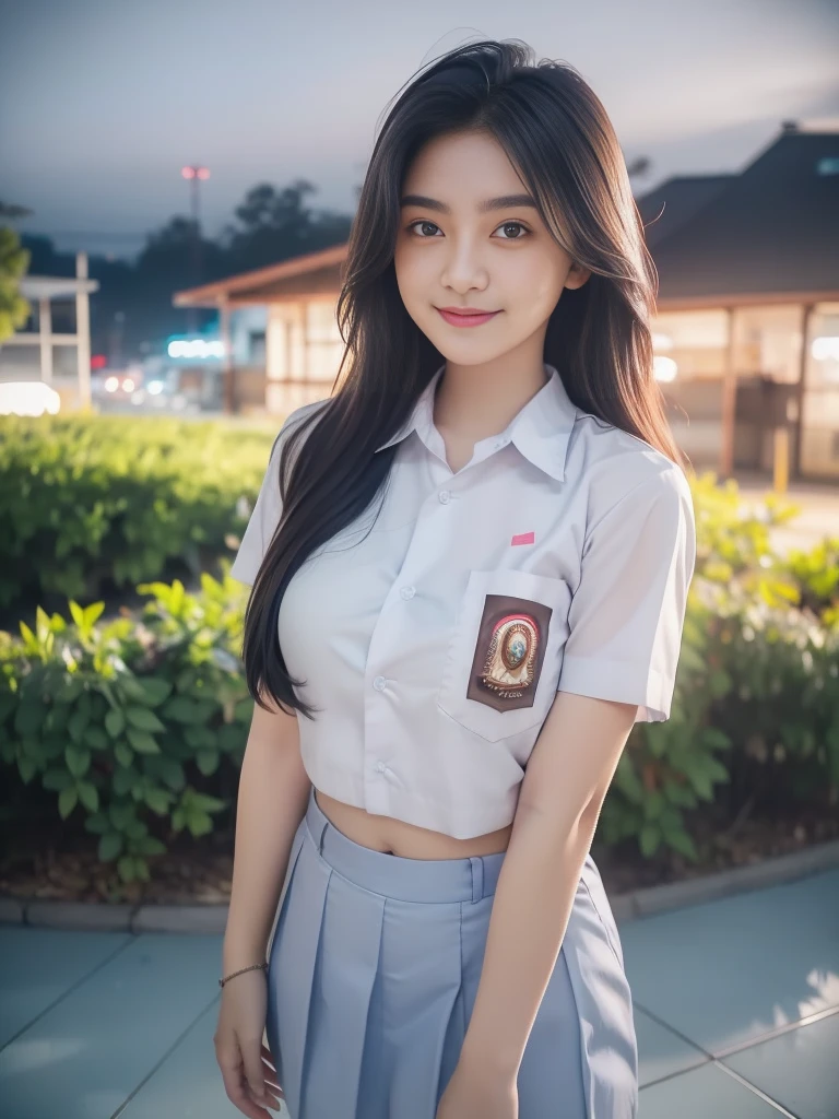 1girl, solo, 1 girl, (Indonesian_high_school_uniform), standing, outdoors, night view, detailed Metropolitan city at the background, (Overhead view:1.35), (zoom out: 1.1), detailed face, cute little smile, detailed eyes, thick breasts, six pack abs, smooth realistic skin, semi-curvy body, white shirt, blue grey hot short skirt, looking at the audience, (8k, RAW photo, best quality, masterpiece: 1.3), (realistic, realistic: 1.37), ultra-high resolution