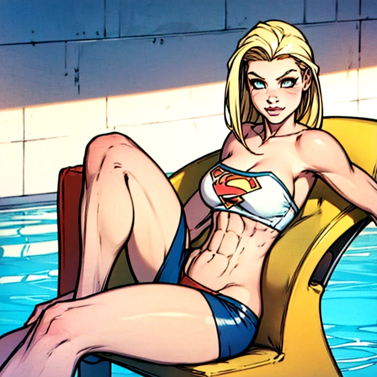 Supergirl, clean forehead, headgearless, sunbathing on pool recliner chair, slim face, light blonde, long hair, blue eyes, blonde eyelashes, light pink lips, thin lips, voluminous parted bangs, red high cut string V-shaped bottoms, blue strapless tank-top, underboob, thin, skinny, chiseled eight-pack abs, bubblebutt, thigh gap,  ****, (obra maestra de mejor calidad, ultra realista, detallado)