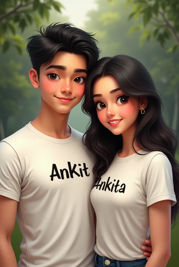 (photorealism:1.2), beautiful girl standing with aboy who wearing a t-shirt of name Vikram