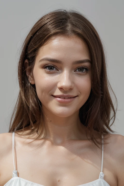14 year old brunette , Linda, face perfect, gorgeous face, beautiful smiling, with red background 