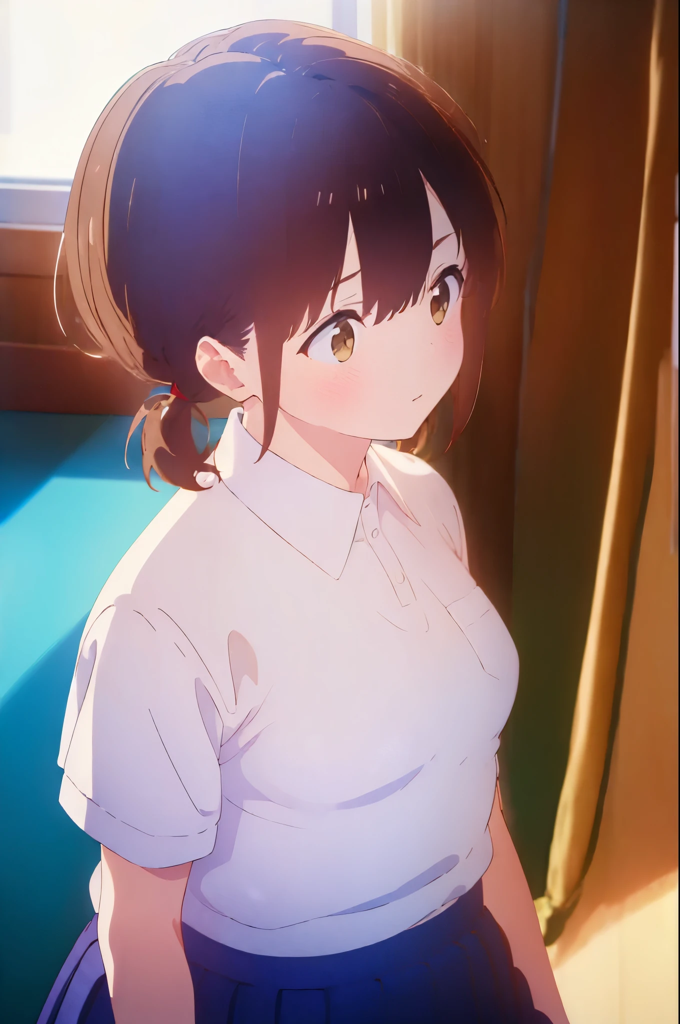 (masterpiece:1.8), Best Quality, (illustration:1.2), (ultra detailed), hyper details, (delicate detailed), (intricate details), (cinematic light, Best Quality Backlights), Delete line, from below, high contrast, (better lighting, an extremely created and beautiful), (cinematic light), (1 girl), honoka hara, short hair, brown hair, hair between eyes, twintails, brown eyes, low twintails, short twintails, twintails near the ear, skirt, shirt, school uniform, white shirt, short sleeves, pleated skirt, collared shirt, blue skirt, sweater vest, plump, 5fingers, nice hands and face, dynamic pose, dynamic angle,