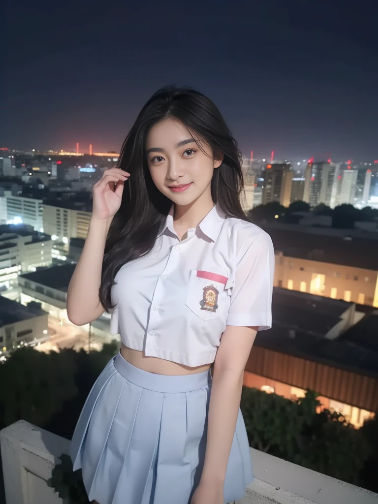 1girl, solo, 1 girl, (Indonesian_high_school_uniform), standing, outdoors, night view, detailed Metropolitan city at the background, (Overhead view:1.35), (zoom out: 1.3), detailed face, cute little smile, detailed eyes, thick breasts, six pack abs, smooth realistic skin, semi-curvy body, white shirt, blue grey hot short skirt, looking at the audience, (8k, RAW photo, best quality, masterpiece: 1.3), (realistic, realistic: 1.37), ultra-high resolution