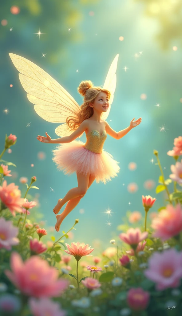 vibrant and enchanted fairy tale design. field very full of colorful flowers. flowers in the center of the image, in the spotlight. large, very old trees in the background. several tiny, distant, thin women appear floating in the sky, They have elf ears and colorful hair with a flower crown, holographic wings, dress of different colors, ballerina slippers with ribbon on the leg, radiate magical light, hold wands in their hands and sprinkle magical, glittering dust on the flowers