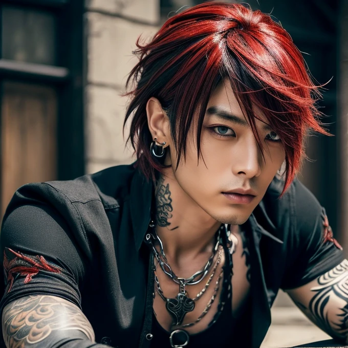 1 man, male, Japanese man, Visual Kai hairstyle, ultra detailed face and body, hyperrealistic, realistic representation, muscular, broad shoulders, tattoos gothic style, piercings, Visual Kei style, hairstyle Visual Kei, blond, long hair, 40 years old, outfit gothic streampunk, men's shirt and black pants, Asian eyes, Visual Kei hairstyle 