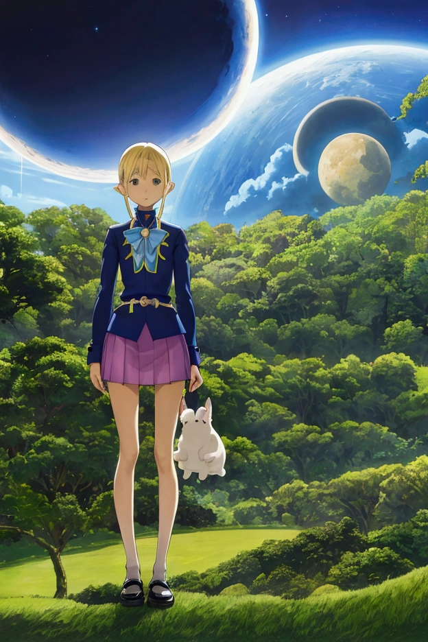 Shinji Wada, Margaret Tempest, Lola Anglada, David Wiesner, Kozue Amano, Surrealism, wonder, strange, fantastical, fantasy, Sci-fi, Japanese anime, crescent moon in a potato field, bipedal rabbit wearing clothes, the adventures of Alice, a beautiful blonde miniskirt girl, perfect voluminous body, detailed masterpiece 