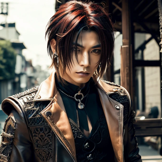 1 man, male, Japanese man, Visual Kai hairstyle, ultra detailed face and body, hyperrealistic, realistic representation, muscular, broad shoulders, tattoos gothic style, piercings, Visual Kei style, hairstyle Visual Kei, blond, long hair, 40 years old, outfit gothic streampunk, men's shirt and black pants, Asian eyes, Visual Kei hairstyle 