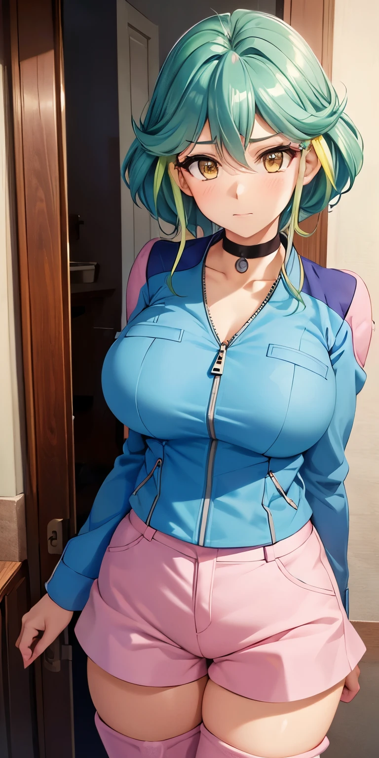 1 Female,High definition,high resolution,Ultra-realistic,8K, rin_arc_v,blue jacket,long sleeves,black choker,((pink shorts)),((white thighs boots)), multicolored hair,yellow eyes,European,sexy,Upper body close-up,Photographed from the front,Dynamic Angles,blush, medium tits, happy, wink the eye,facial, sweat,multicolored hair ,(wide thighs:1.4),(from behind),(huge ass),(show ass),(blush), detailed face,((nipples)),green hair