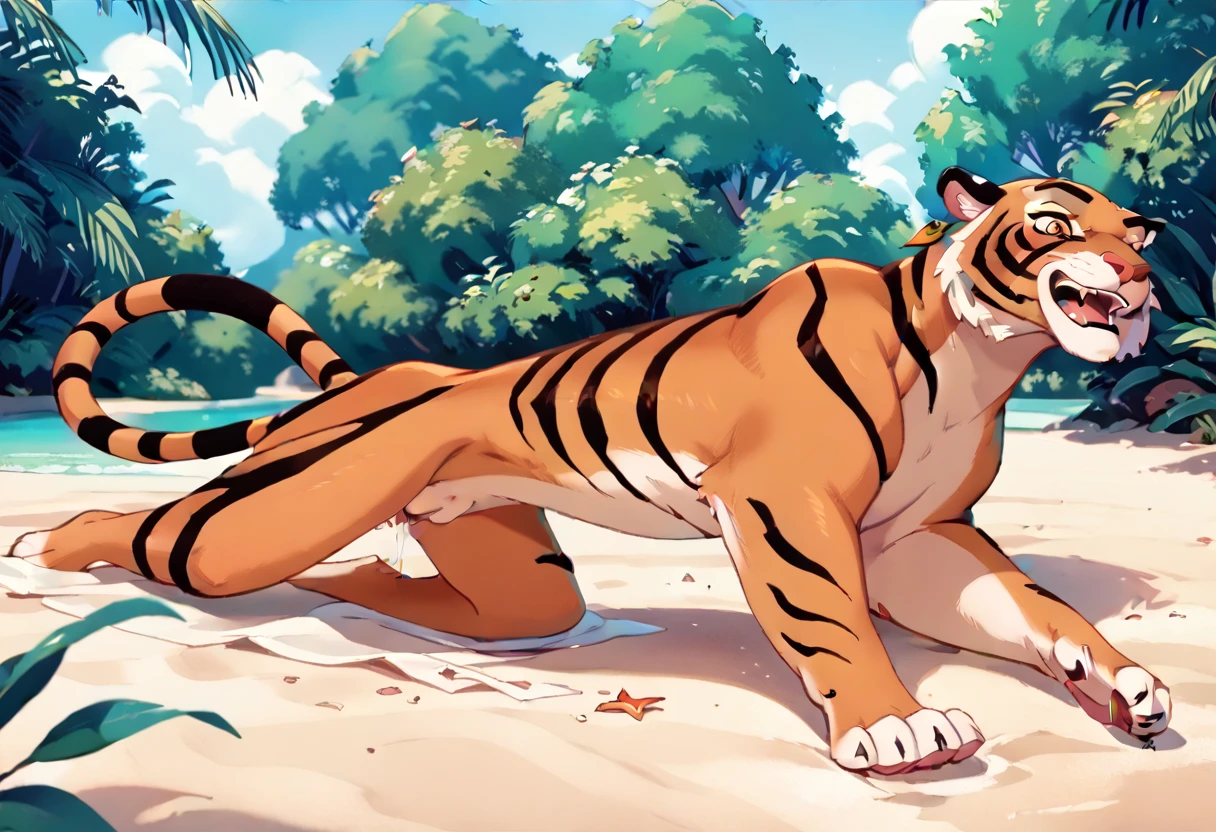 (Nude Jasmine (human) sparse public hair) vaginal fucking (Rajah (feral tiger)) on a deserted beach