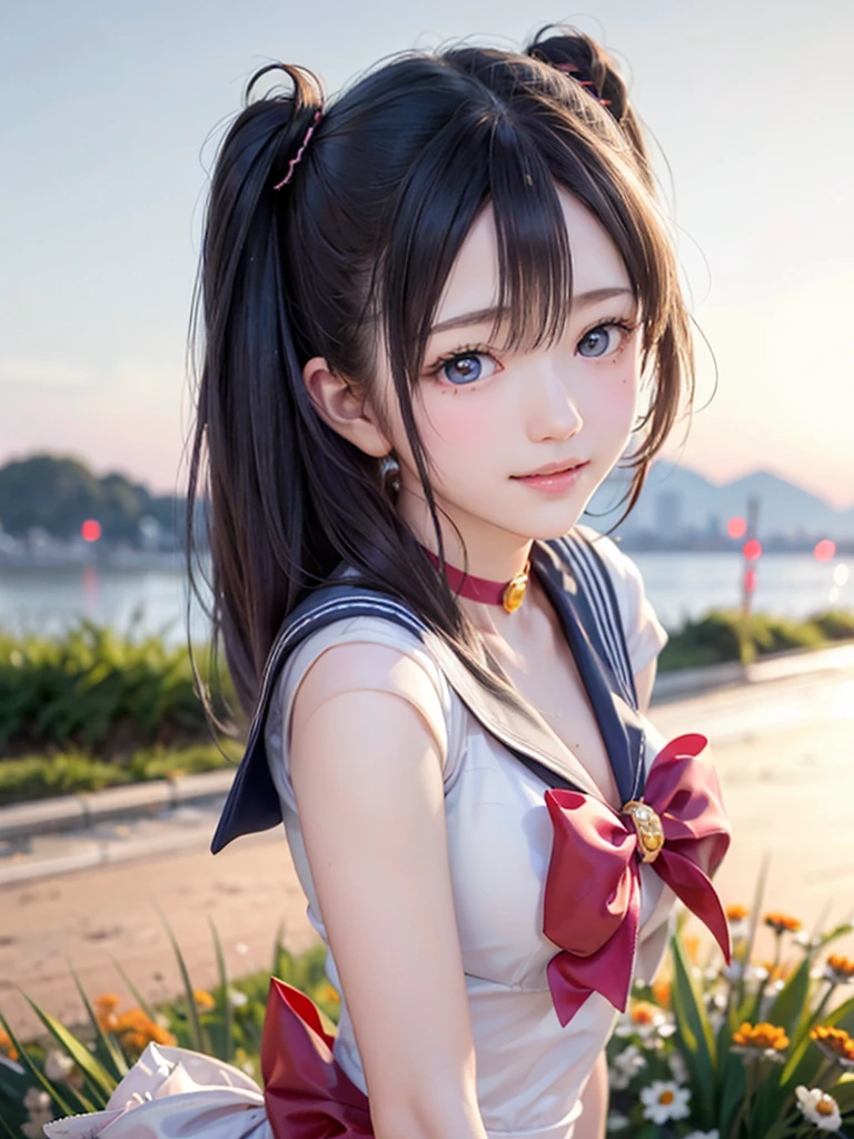 Pretty Girl Perfect Beauty Transcendent High Definition For LINE Icon Upper Body Shot Black Long Straight Hair and Ponytail Short Sleeved White Sailor Suit and Dark Blue Scarf Delicate Skin Realistic Shadow Beautiful Nature Realistic Accessories (In Beautiful Nature) --auto --s2
