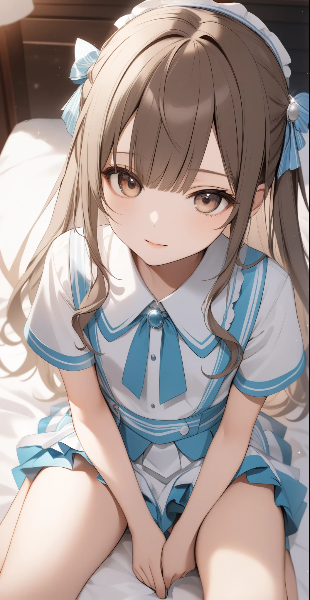 one,The cutest girl、((7 heads))、((accessories、Idol-style uniform fashion))、(Brown Hair Color、Light silver inner color hairstyle), Beautiful Hair, Facial Contour, Remember, Hotel、Bed、moonlight、splash, Lens flare,, Natural Color, High resolution, Very delicate, Very detailed, 8k,、Shyness,((Sexual))、((Hands on underwear, trying to remove it))、Top view angle