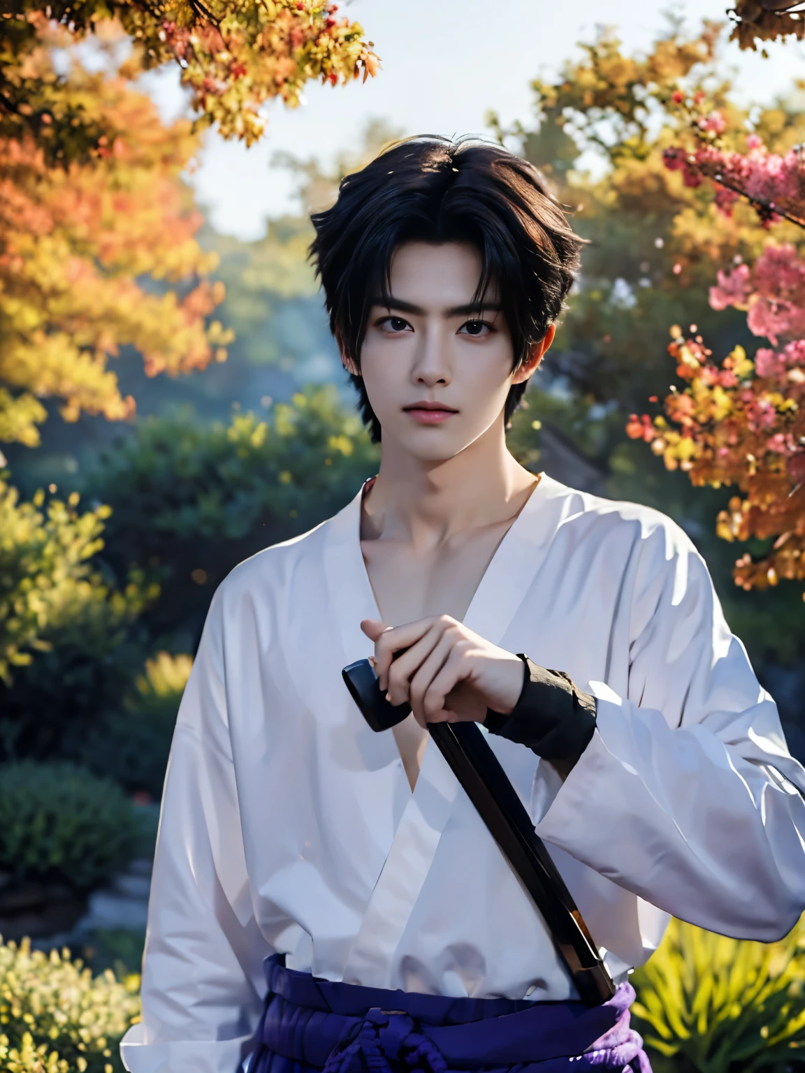 (masterpiece, realistic, absurdres:1.2), (photorealistic:1.5), RAW photo, hight resolution, best quality, 8K,1boy, Sasuke, ulzzang boy, very handsome, perfect face, intricate detail, Extremely detailed, professional photography, Bright colors, Clear focus, short black hair, perfect hair, young man, topless, muscular, slim muscular, purple skirt, wearing SSK_outfit, (perfect hands, 5 fingers) , clear and beautiful detailed eyes, perfext eyes, Playful expression, abs, soft skin, detailed skin, holding a sword, strike pose, sakura, detailed highlights and shadows, Excellent body proportions, Correct anatomy, looking at camera, male focus, gentlesunlight, Cinematic Lighting, Warm colors, full-body shot, Chinese courtyard,