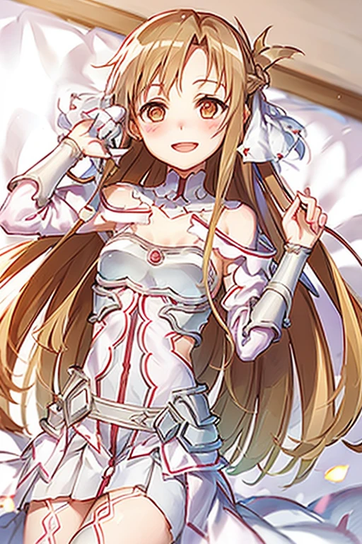 ((Highest quality)), ((masterpiece)), (be familiar with), Perfect Face, indoor, Bedroom, Watching the audience,
One woman, Yuuki Asuna,
Open Mouth, Ecstatic expression, blush, smile,
Small breasts, Flat Chest, , , child, Girl,
Long Hair, Long Hair,
Leg spread,