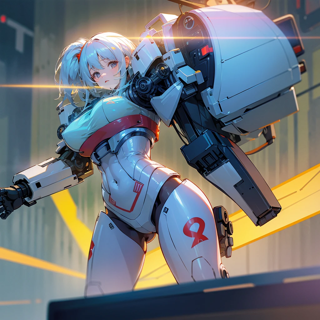 ((1 cyborg )),((different types of breasts, biomechanical breasts,((biomechanical pussy)),((giving a blowjob on a machine)),standing with raised high,((different types of hair short, red eyes)), a factory, at night,