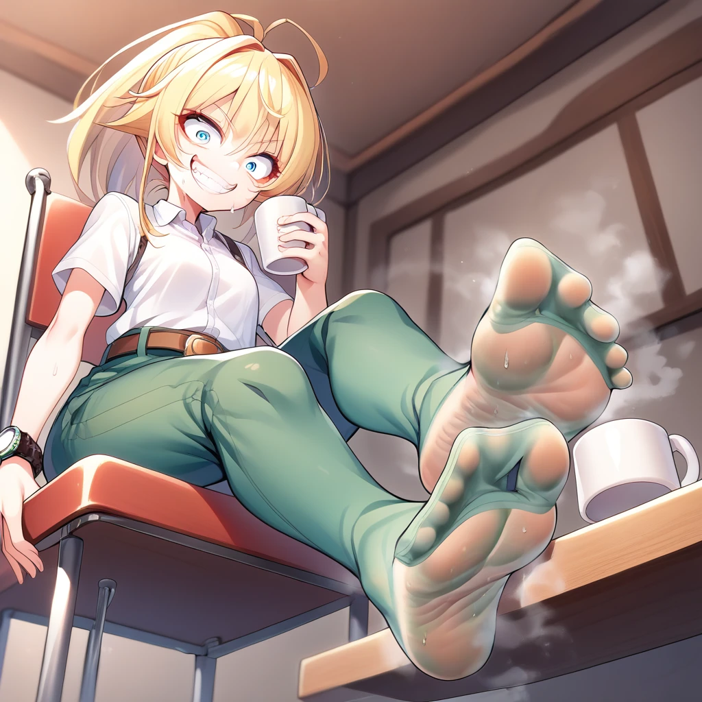 Partial Discharge, Fraction_9, Fraction_8_direction_7_up, source_Japanese cartoons, Financial, 1 girl, blue eyes, Blonde Hair, Ponytail, Ahog, belt, Grin, Crazy face, (Grin:0.7), Green pants, Green socks, Keep, sit, 靴子在Chair旁边, cup, Chair, Keep cup, Mug, Watch from below, darkroom,  Smelly, Smellyy feet, whole body, Steam around feet, Green socks, Sight, smell, Close-up of feet, Smellyy 脚底,  Five fingers and toes on each foot, Sweat smell, On the sofa , abdomen , Photo below , Cross-legged. First-person perspective