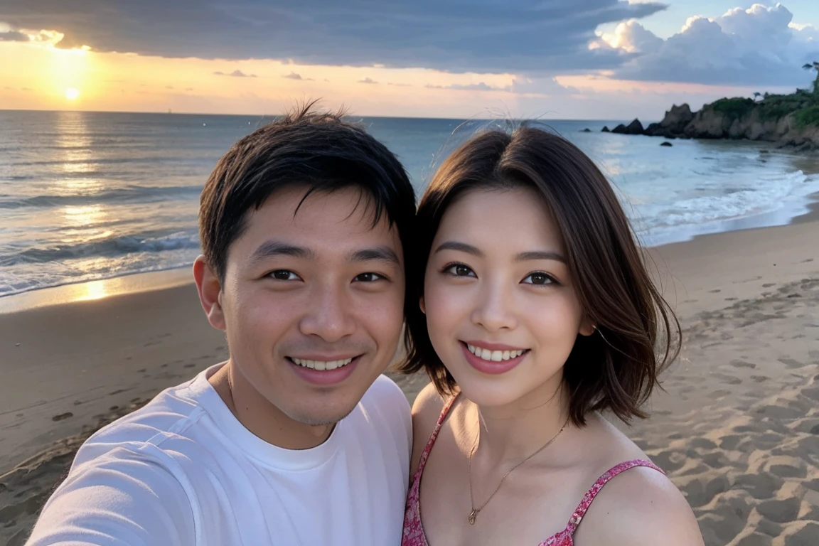 (Beach:1), afternoon, outdoors, light brown fringe short hair, light brown eyes, (1 naked female), (2 clothed men), smiling, innocent, (Photorealistic), Viewer, Face Viewer, (Complex Details:1.2),(Masterpiece, :1.3) ,(Best Quality:1.4), (Ultra High Resolution: 1.2), Ultra High Resolution, (Detailed Eyes), (Detailed Facial Features), HDR, 8k Resolution, (Lens Flare: 0.7), Turn Around, (Barbecue: 1)