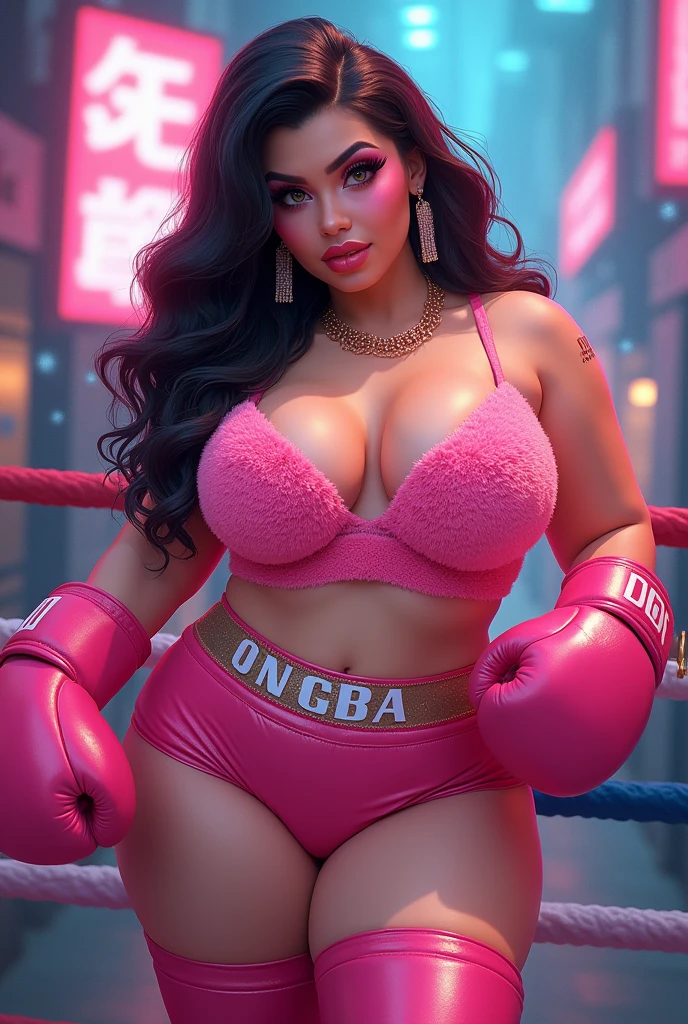 bimbo, huge breasts, big tits, dot pattern string thong , sexy, Megan Fox , girl, dark brunette hair, big lips, in a wrestling ring