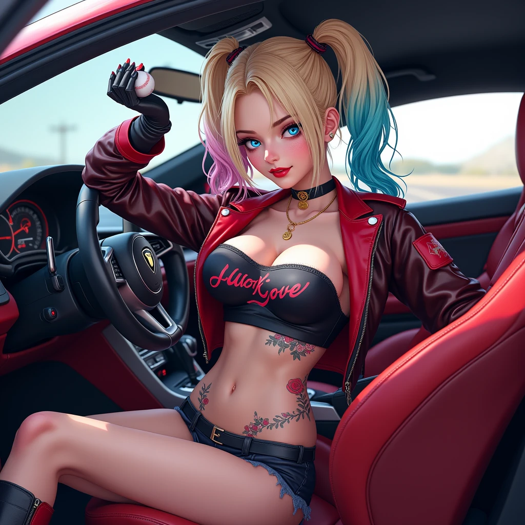 Harley Quinn sitting on a burning car. She has a great ass that strains the fabric of her pants. She's wearing her tiny short shorts and tight t-shirt look. She's smiling a toothy smile. Beautiful smile. She's stunningly beautiful (perky breasts) (onion booty) (apple bottom) (UHD)