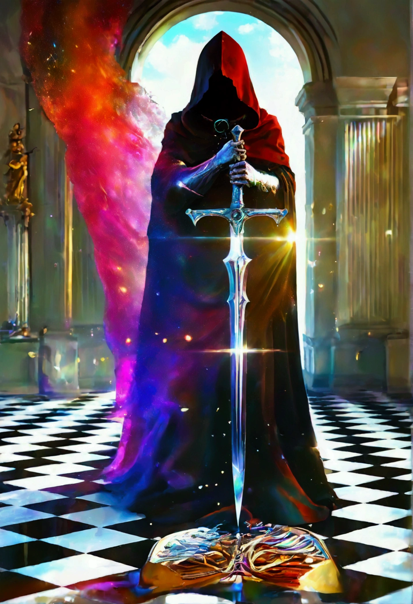 digital illustration, checkered floor falling in on itself, hooded figure coming out of crnter with dagger like claws, surreal, rainbow spectrum overlay effect, Surrealism, Luminism, sparkle, glowing light, optical illusion, anatomically correct, highres