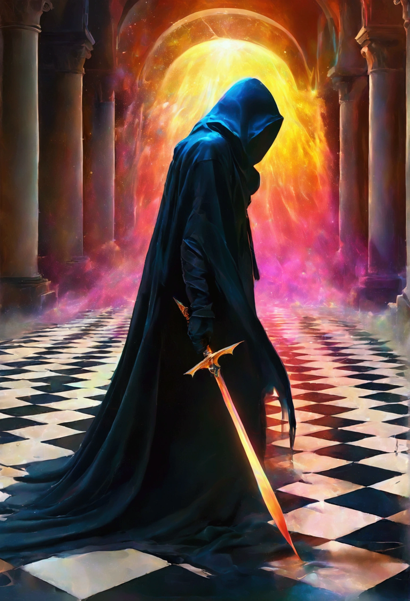 digital illustration, checkered floor falling in on itself, hooded figure coming out of crnter with dagger like claws, surreal, rainbow spectrum overlay effect, Surrealism, Luminism, sparkle, glowing light, optical illusion, anatomically correct, highres