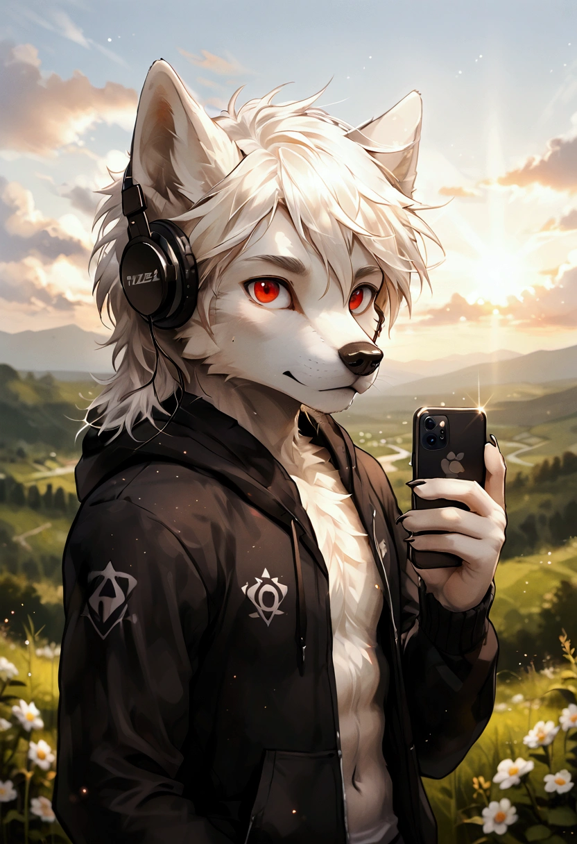 furry, masterpiece, high quality, absurd resolution, digital painting \(artwork\),soft lighting, solo, (humanoid male wolf), (white body), wearing a muzzle, white hair short, fluffy, sunlight, side view, panoramic, portrait, wearing a muzzle, looking at viewer, focus on character. (detailed backdrops, amazing backdrops), wearimg a mizzle, outdoor, landscape, light particles
furry, wolf, male,
Wolf boy, Adorable, red eyes, Fluffy white fur, white hair, slim, Skinny, black hoodie, wearing headphones, holding smartphone
