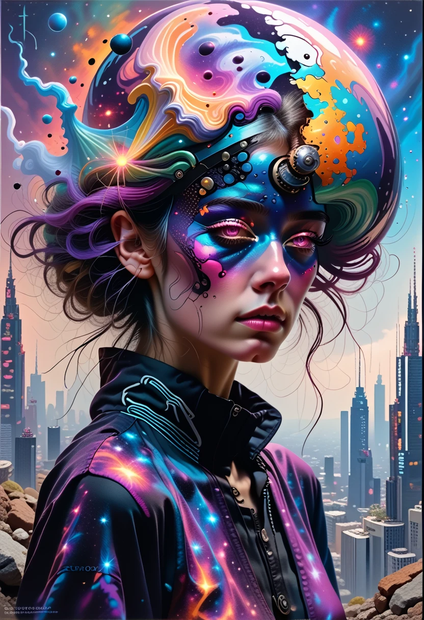 a woman stands in front of a painting depicting a planet, Futuristic city in the background, psychotrance, interconnected human lifeforms, panoramic view of the girl, Progressive Rock Album Cover, A Dream of the Infinite, Stardust, galaxy, Stoner Rock -- 16:9 -- at 5.1