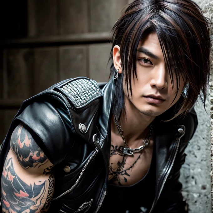 1 man, male, Japanese man, Visual Kai hairstyle, ultra detailed face and body, hyperrealistic, realistic representation, muscular, broad shoulders, tattoos gothic style, piercings, Visual Kei style, hairstyle Visual Kei, blond, long hair, 40 years old, outfit gothic streampunk, men's shirt and black pants, Asian eyes, Visual Kei hairstyle 